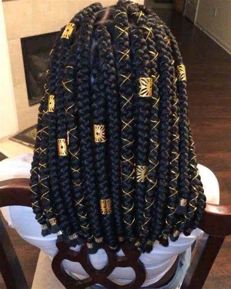 Chunky Shoulder Length Box Braids With Gold Accessories | Black hair tribe